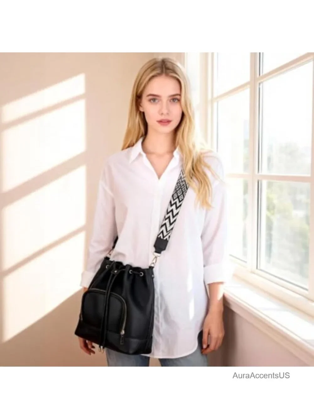 Faux Leather Crossbody Bucket Bag Medium Shoulder Purse